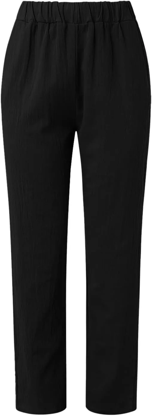 Womens Lightweight Summer Pants Casual Straight Leg Cotton Linen Comfy Elastic Waist Capri Yoga Beach Pants Trousers