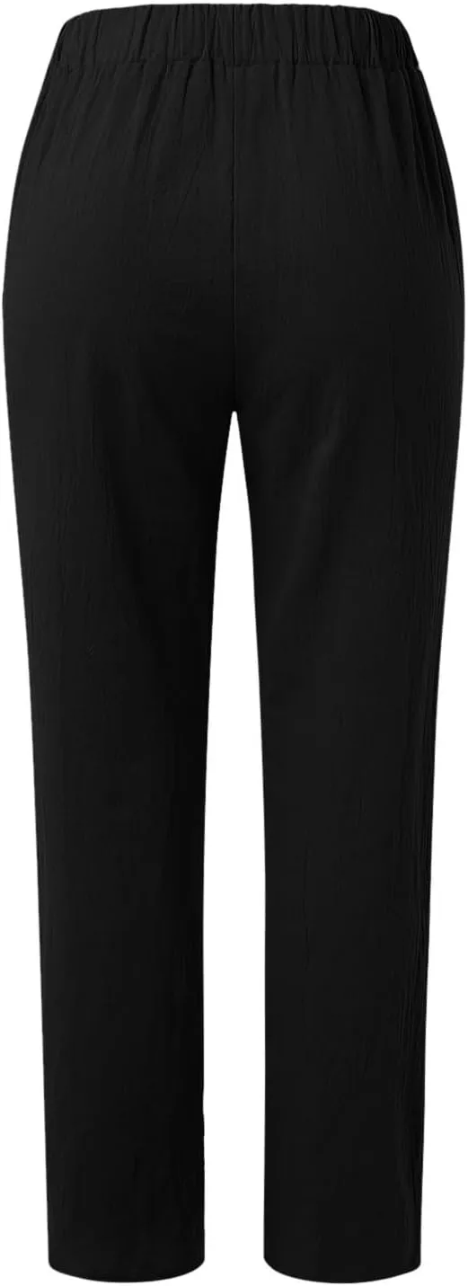 Womens Lightweight Summer Pants Casual Straight Leg Cotton Linen Comfy Elastic Waist Capri Yoga Beach Pants Trousers