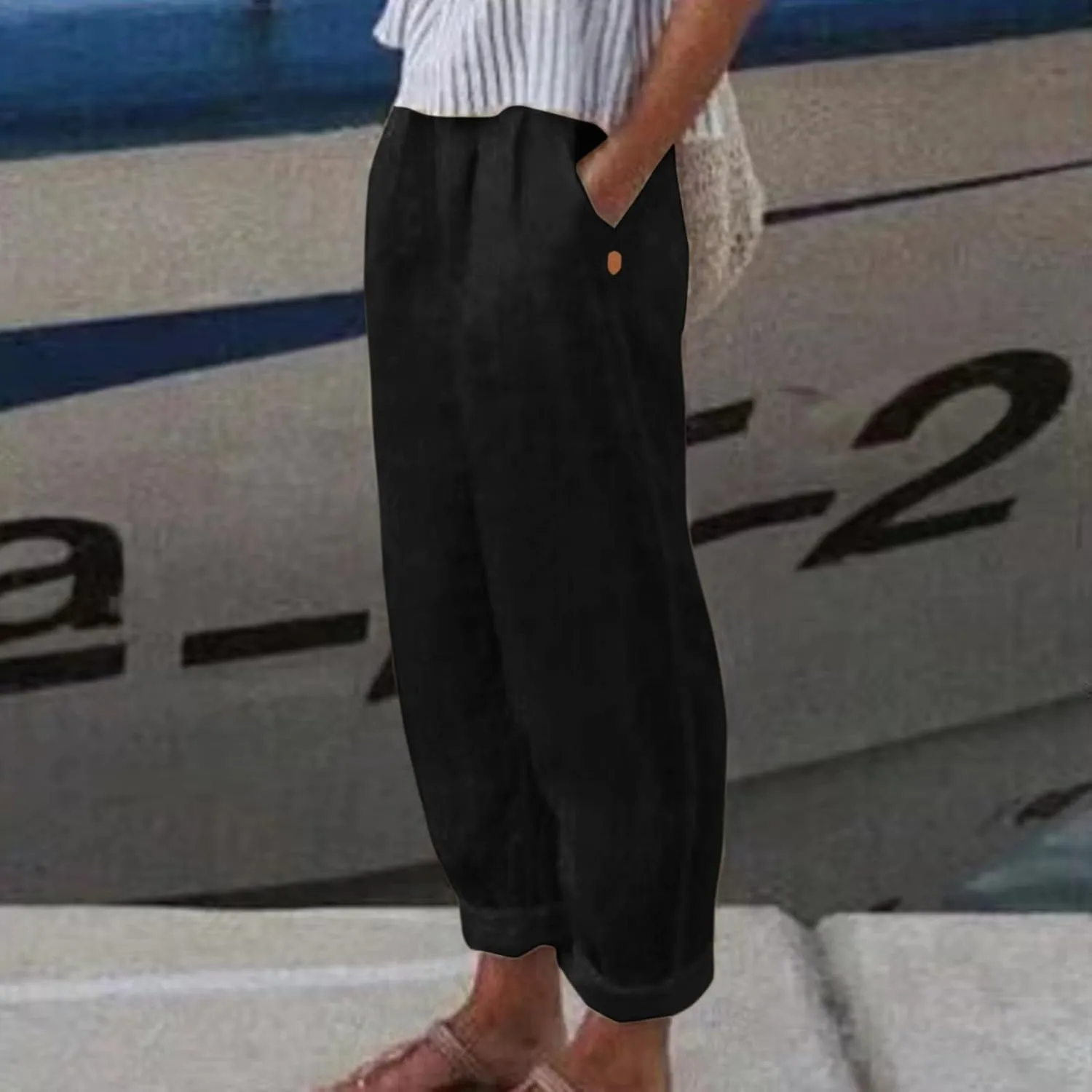 Womens Lightweight Summer Pants Casual Straight Leg Cotton Linen Comfy Elastic Waist Capri Yoga Beach Pants Trousers