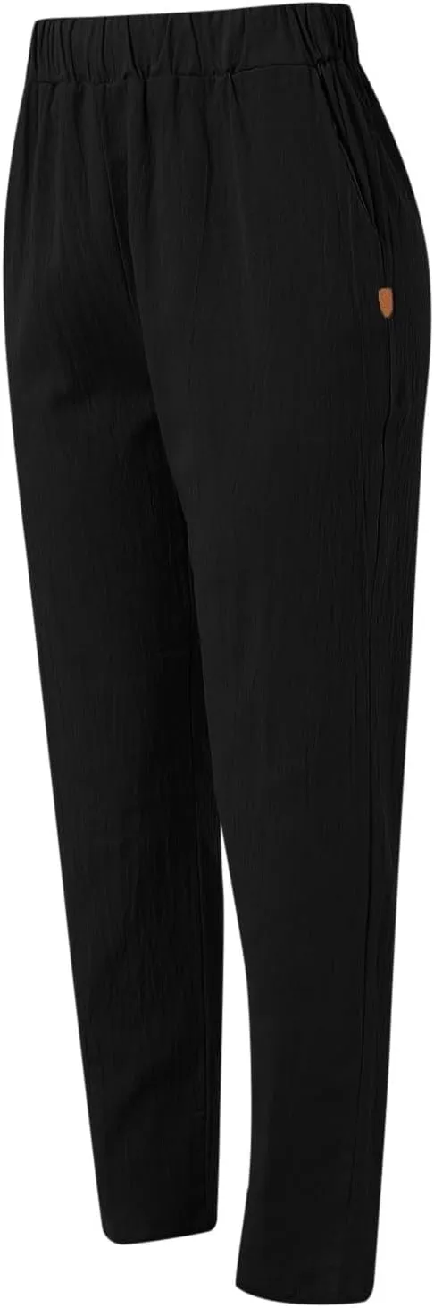 Womens Lightweight Summer Pants Casual Straight Leg Cotton Linen Comfy Elastic Waist Capri Yoga Beach Pants Trousers