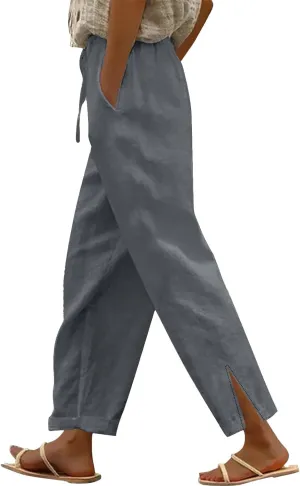 Women's Linen Capri Pants with Drawstring Pants Comfy Gauze Casual Lightweight Loose Trousers Women's Cotton Linen