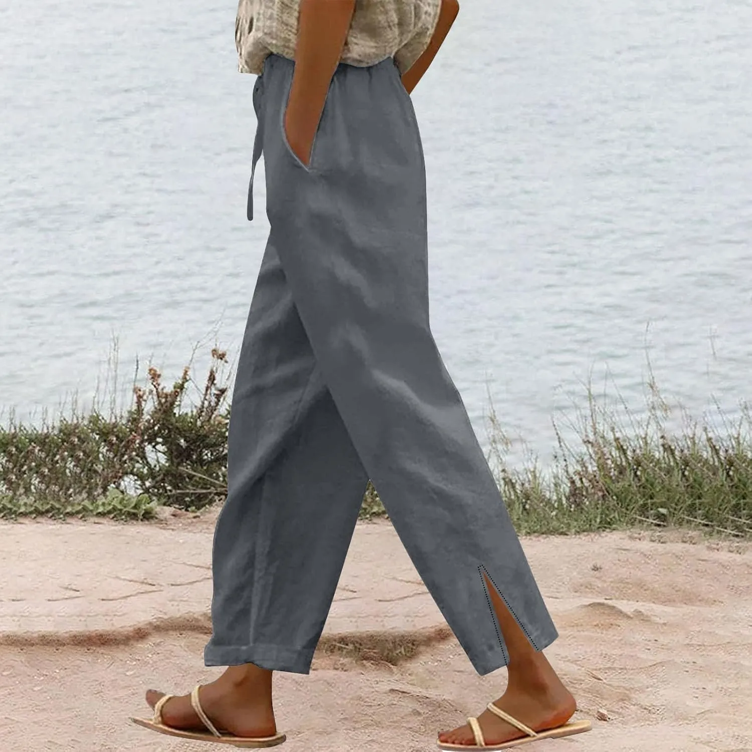 Women's Linen Capri Pants with Drawstring Pants Comfy Gauze Casual Lightweight Loose Trousers Women's Cotton Linen