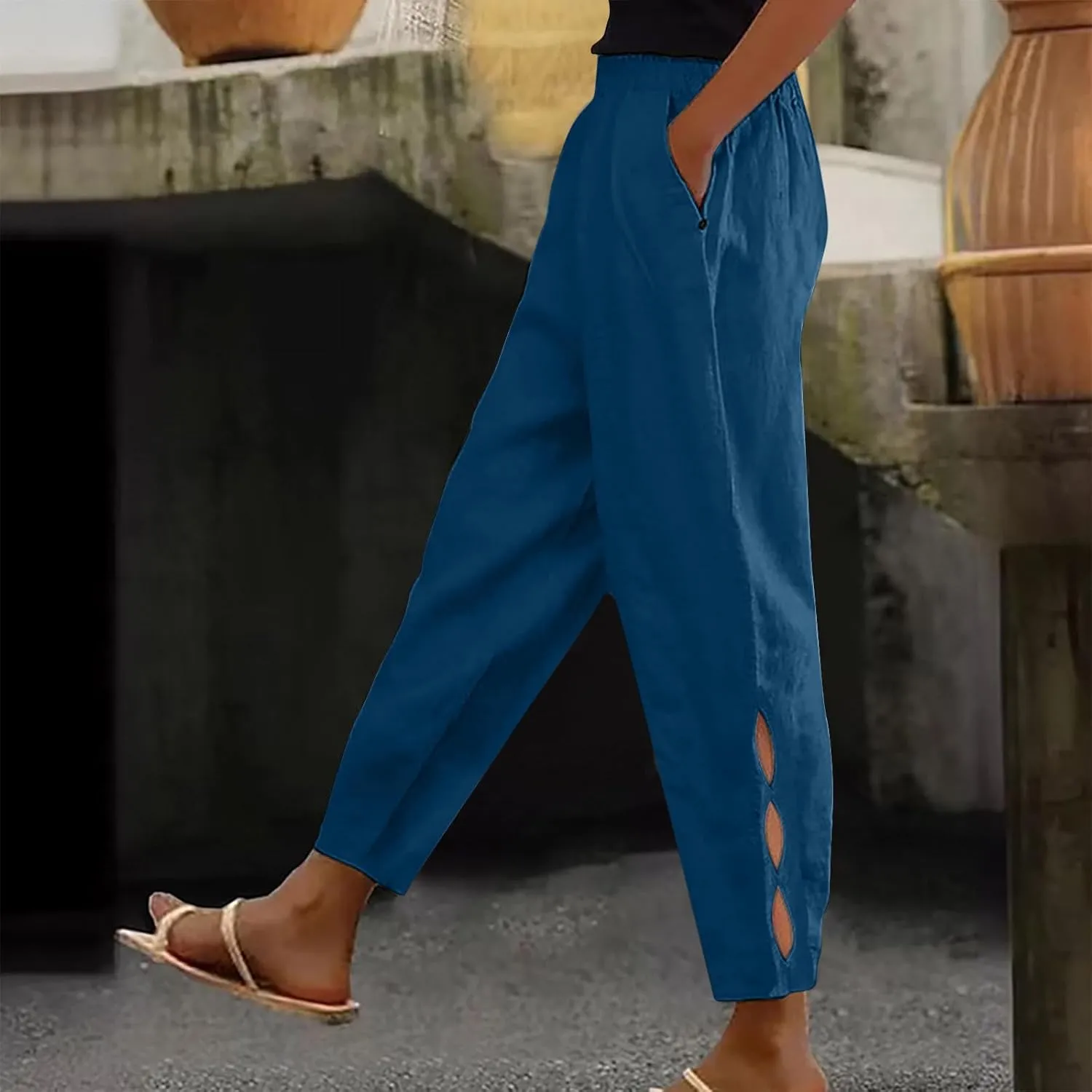 Womens Linen Capris 2025 Wide Leg Casual Palazzo Pants Cotton Linen Lounge Trouser Beach Summer Pants with Pockets