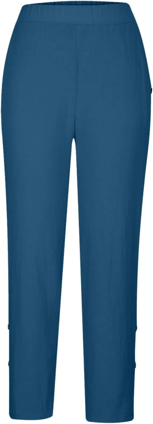 Womens Linen Capris 2025 Wide Leg Casual Palazzo Pants Cotton Linen Lounge Trouser Beach Summer Pants with Pockets