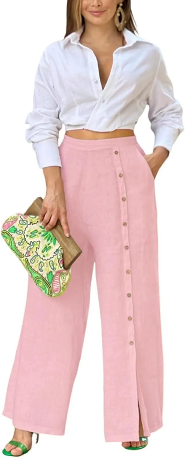 Womens Linen Palazzo Pants 2024 Summer Wide Leg Button Up Trousers Casual Loose Fit Trendy Lounge Pants with Pockets