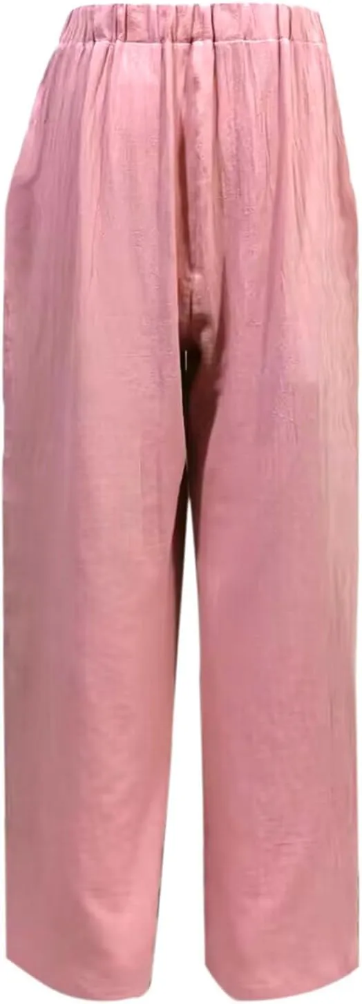 Womens Linen Palazzo Pants 2024 Summer Wide Leg Button Up Trousers Casual Loose Fit Trendy Lounge Pants with Pockets
