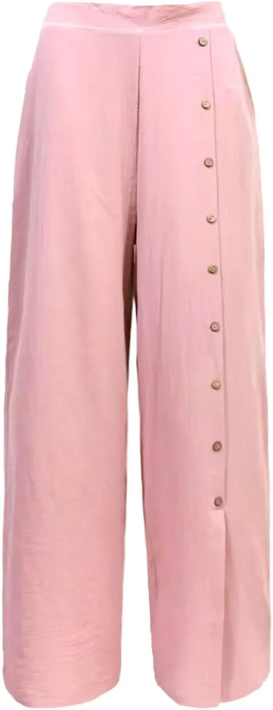 Womens Linen Palazzo Pants 2024 Summer Wide Leg Button Up Trousers Casual Loose Fit Trendy Lounge Pants with Pockets