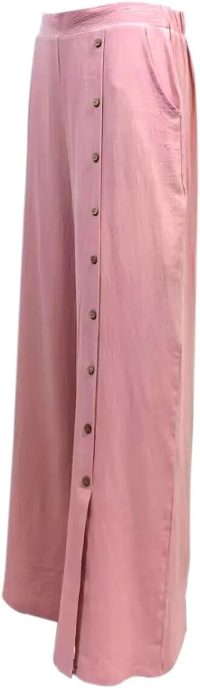 Womens Linen Palazzo Pants 2024 Summer Wide Leg Button Up Trousers Casual Loose Fit Trendy Lounge Pants with Pockets