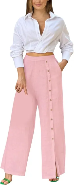 Womens Linen Palazzo Pants 2024 Summer Wide Leg Button Up Trousers Casual Loose Fit Trendy Lounge Pants with Pockets