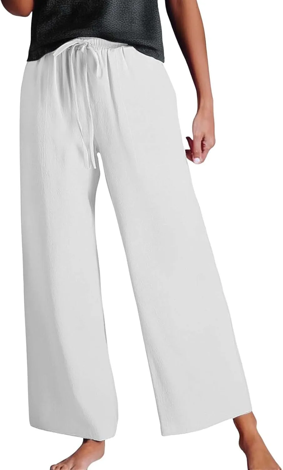 Womens Linen Palazzo Pants 2025 Summer Solid Elastic Waist Wide Leg Drawstring Casual Pant Baggy Flowy Lounge Trouser
