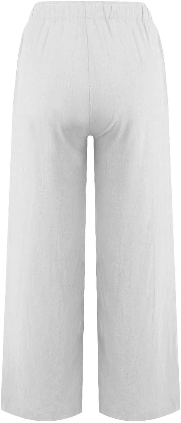 Womens Linen Palazzo Pants 2025 Summer Solid Elastic Waist Wide Leg Drawstring Casual Pant Baggy Flowy Lounge Trouser