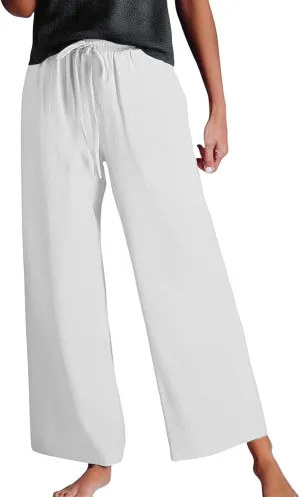 Womens Linen Palazzo Pants 2025 Summer Solid Elastic Waist Wide Leg Drawstring Casual Pant Baggy Flowy Lounge Trouser