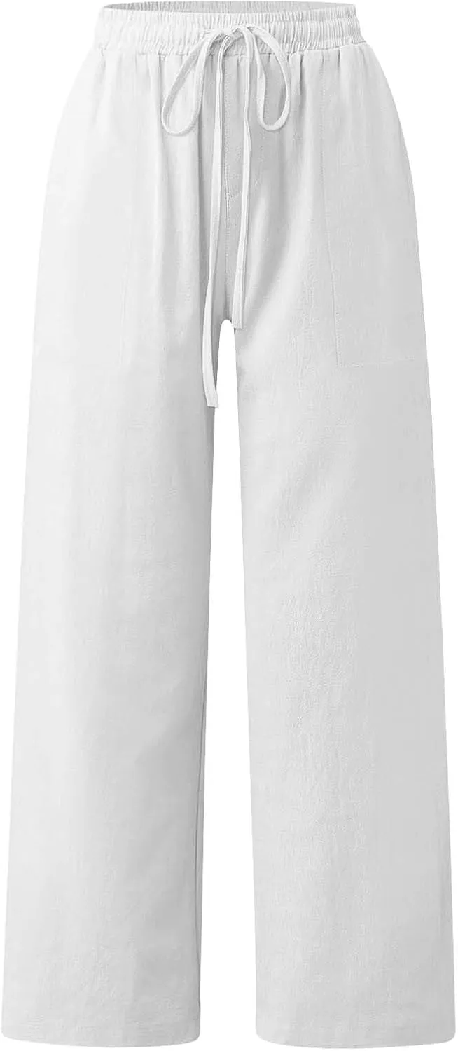 Womens Linen Palazzo Pants 2025 Summer Solid Elastic Waist Wide Leg Drawstring Casual Pant Baggy Flowy Lounge Trouser