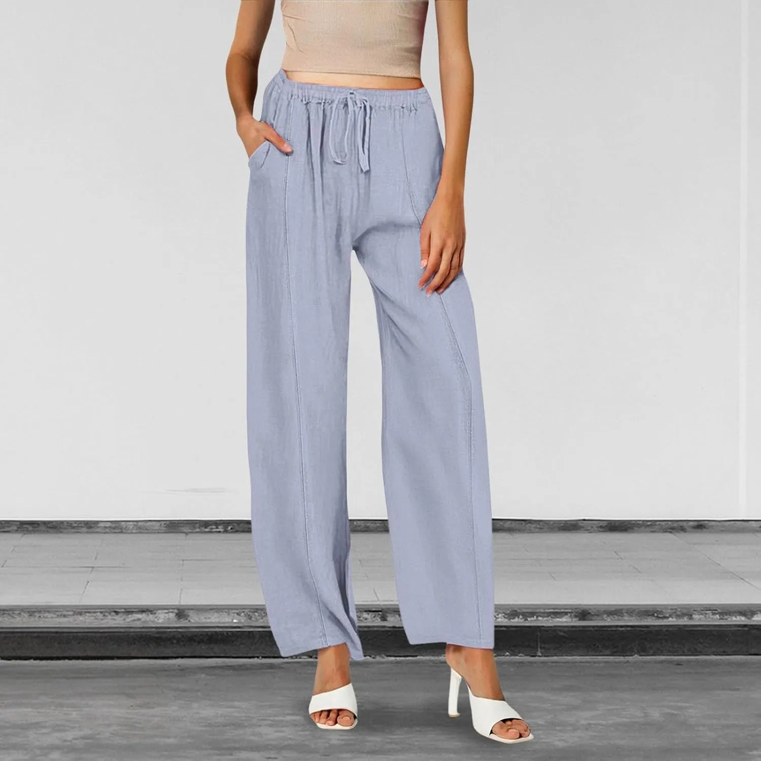 Women's Linen Palazzo Pants Drawstring High Waisted Casual Loose Wide Leg Trousers Lightweight Summer Beach Trousers