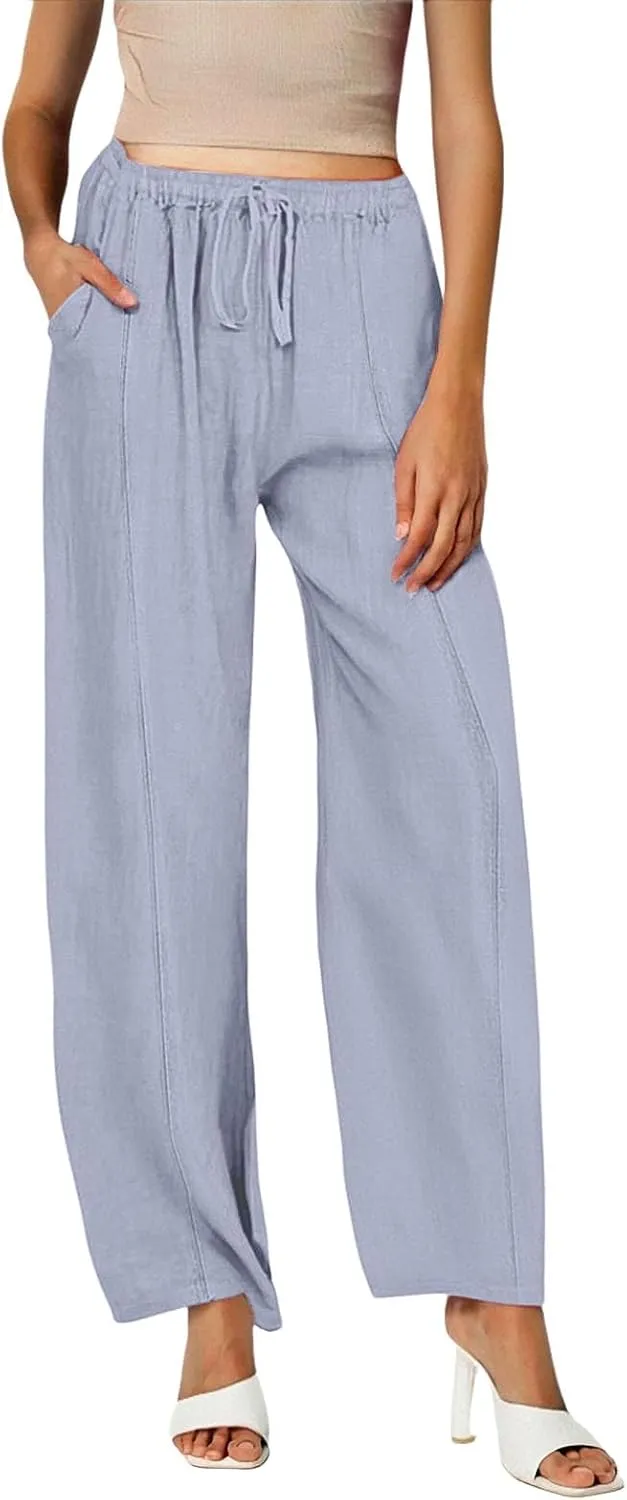 Women's Linen Palazzo Pants Drawstring High Waisted Casual Loose Wide Leg Trousers Lightweight Summer Beach Trousers