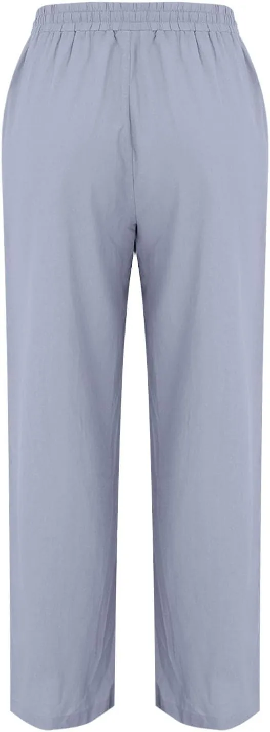 Women's Linen Palazzo Pants Drawstring High Waisted Casual Loose Wide Leg Trousers Lightweight Summer Beach Trousers