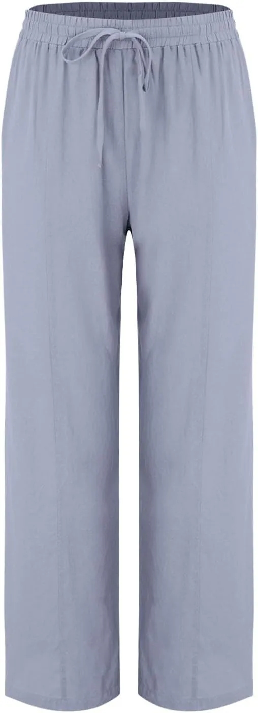 Women's Linen Palazzo Pants Drawstring High Waisted Casual Loose Wide Leg Trousers Lightweight Summer Beach Trousers