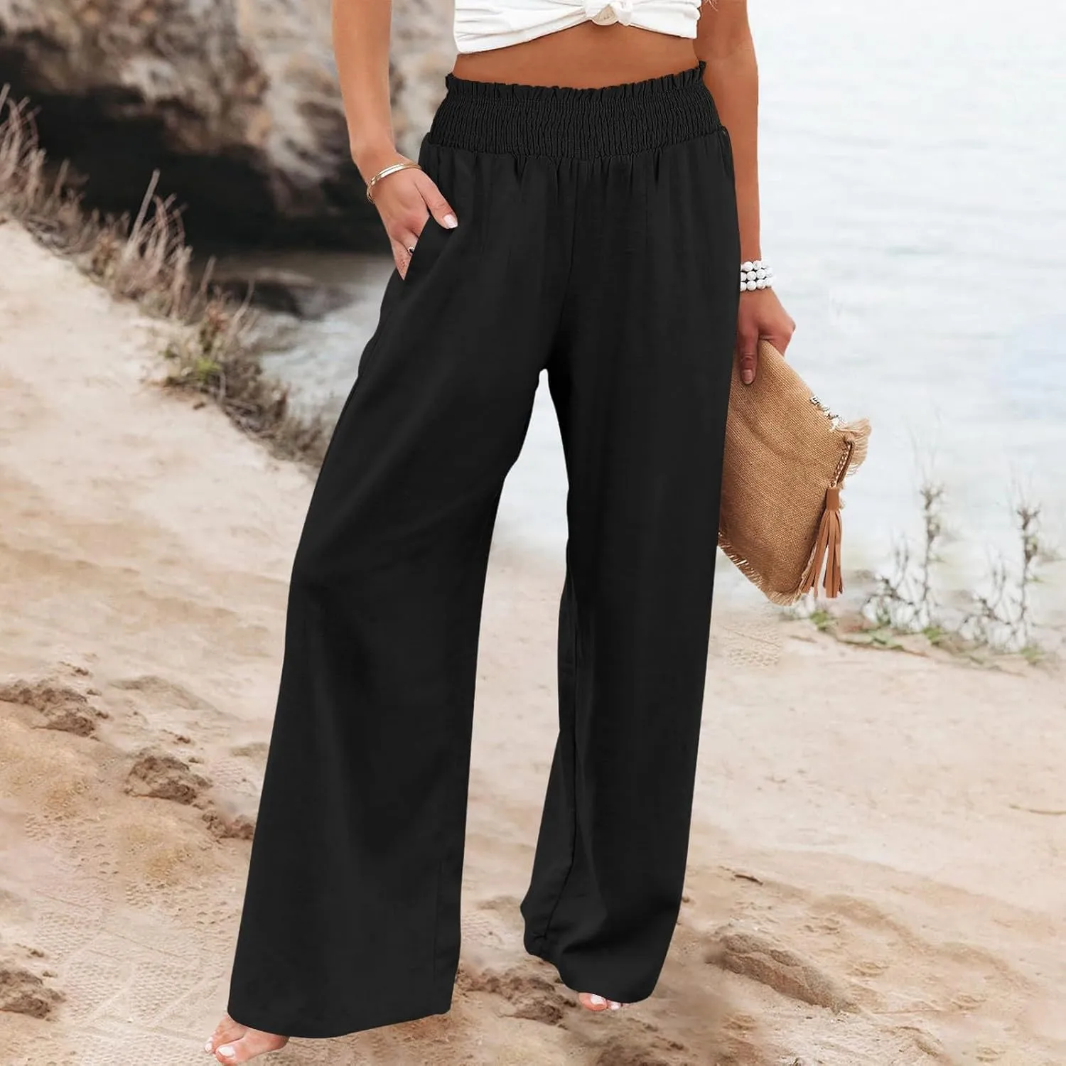 Womens Linen Pants 2025 Summer Casual Loose Wide Leg Palazzo Pants Smocked High Waist Flowy Beach Trousers