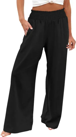 Womens Linen Pants 2025 Summer Casual Loose Wide Leg Palazzo Pants Smocked High Waist Flowy Beach Trousers