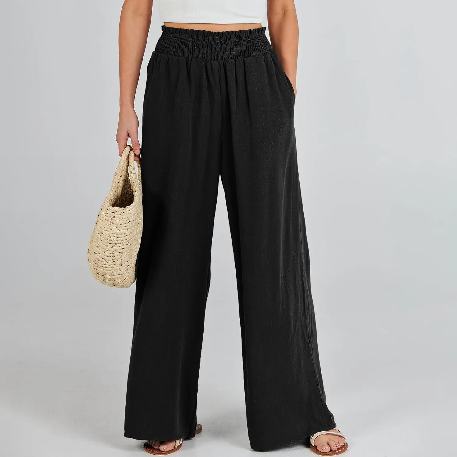 Womens Linen Pants 2025 Summer Casual Loose Wide Leg Palazzo Pants Smocked High Waist Flowy Beach Trousers