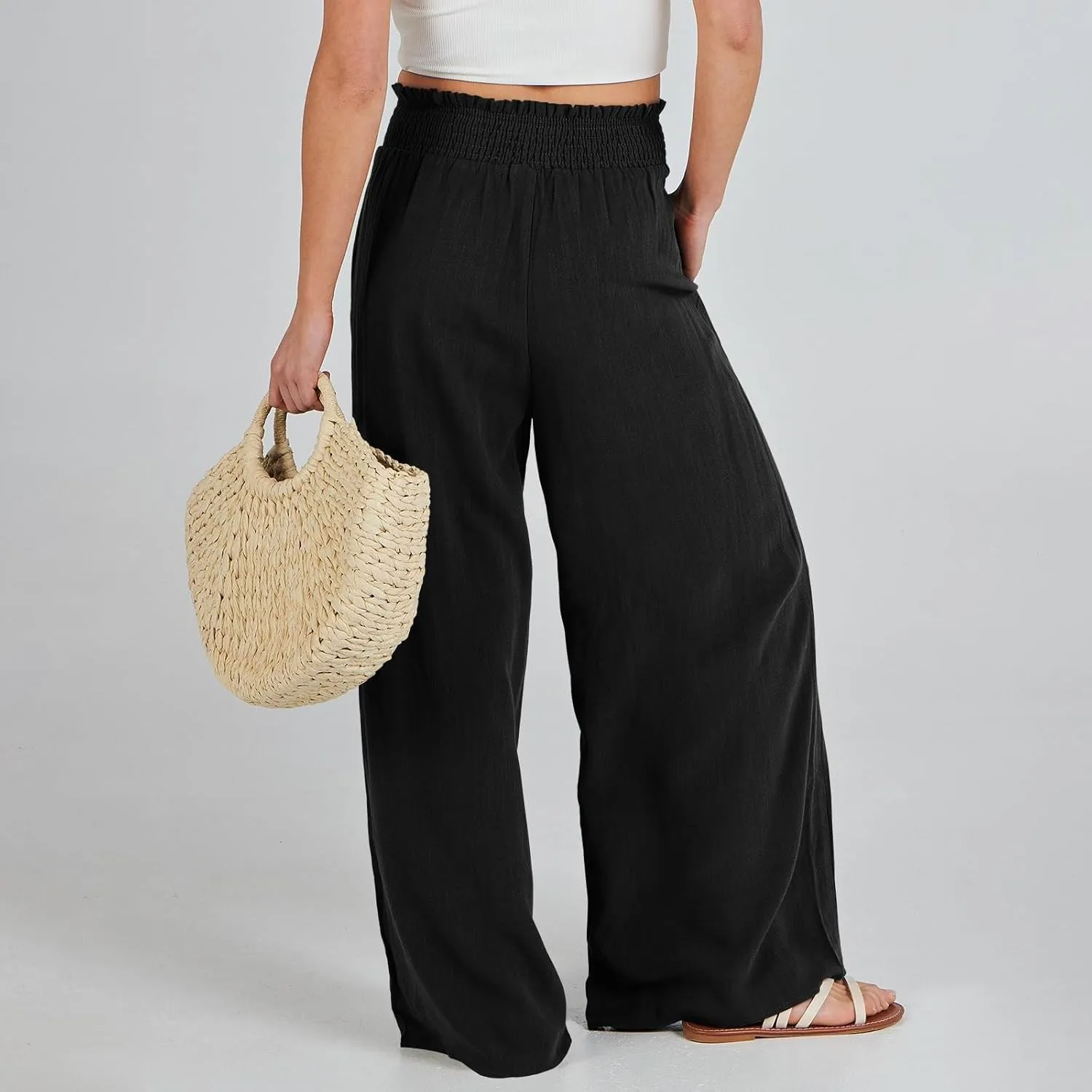 Womens Linen Pants 2025 Summer Casual Loose Wide Leg Palazzo Pants Smocked High Waist Flowy Beach Trousers