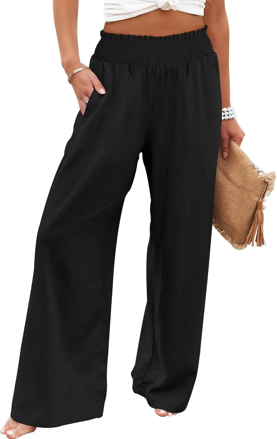 Womens Linen Pants 2025 Summer Casual Loose Wide Leg Palazzo Pants Smocked High Waist Flowy Beach Trousers