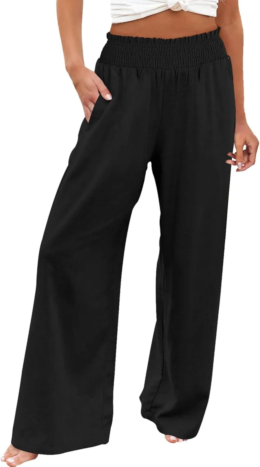 Womens Linen Pants 2025 Summer Casual Loose Wide Leg Palazzo Pants Smocked High Waist Flowy Beach Trousers