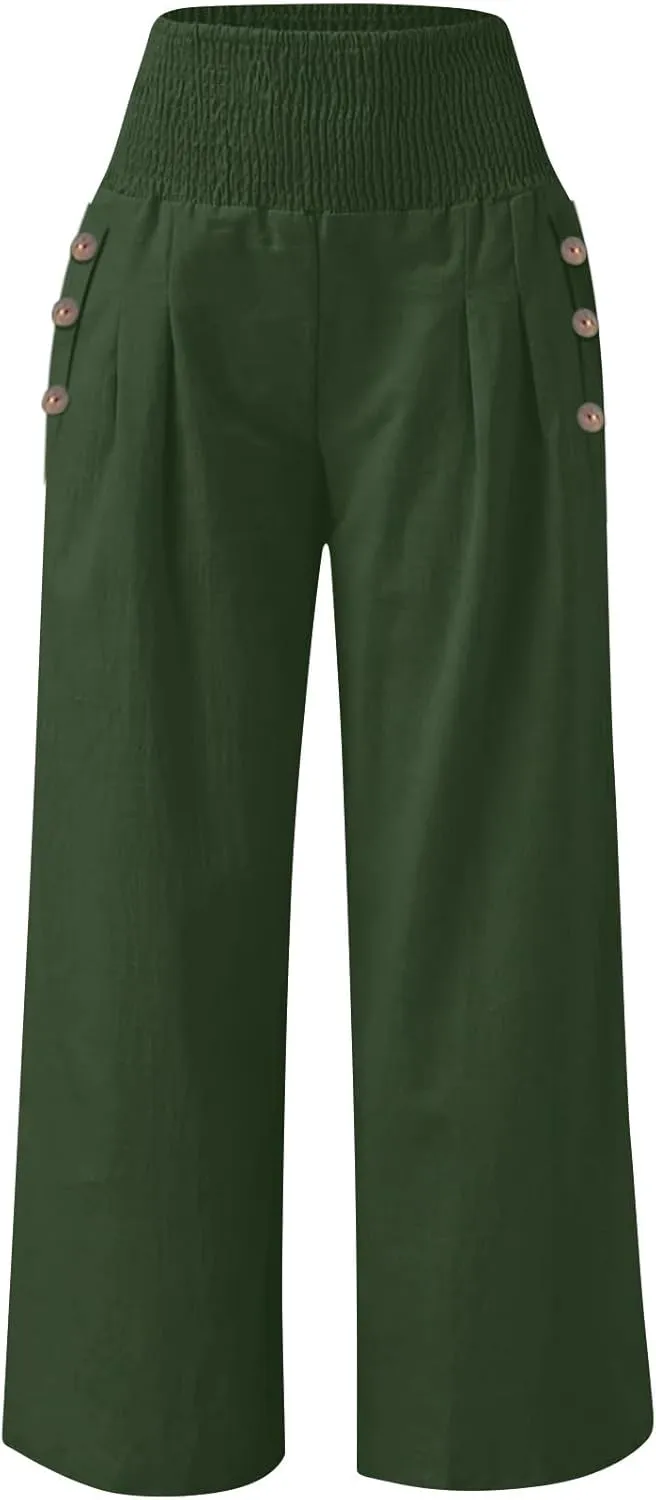 Womens Linen Pants 2025 Summer Casual Wide Leg Palazzo Pants Loose Smocked High Waist Work Slack Flowy Beach Trousers