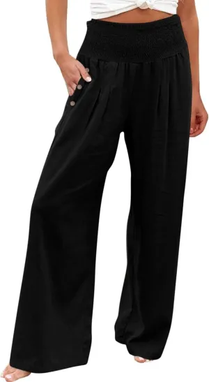 Womens Linen Pants 2025 Summer Casual Wide Leg Palazzo Pants Loose Smocked High Waist Work Slack Flowy Beach Trousers