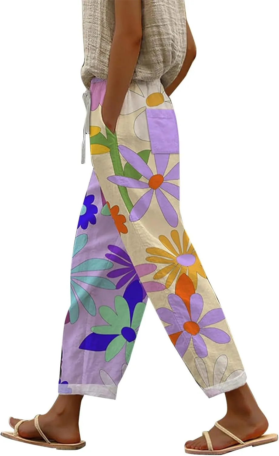 Women's Linen Pants 2025 Summer Elastic High Waist Split Hem Work Pants Casual Loose Lightweight Beach Trousers with Pockets