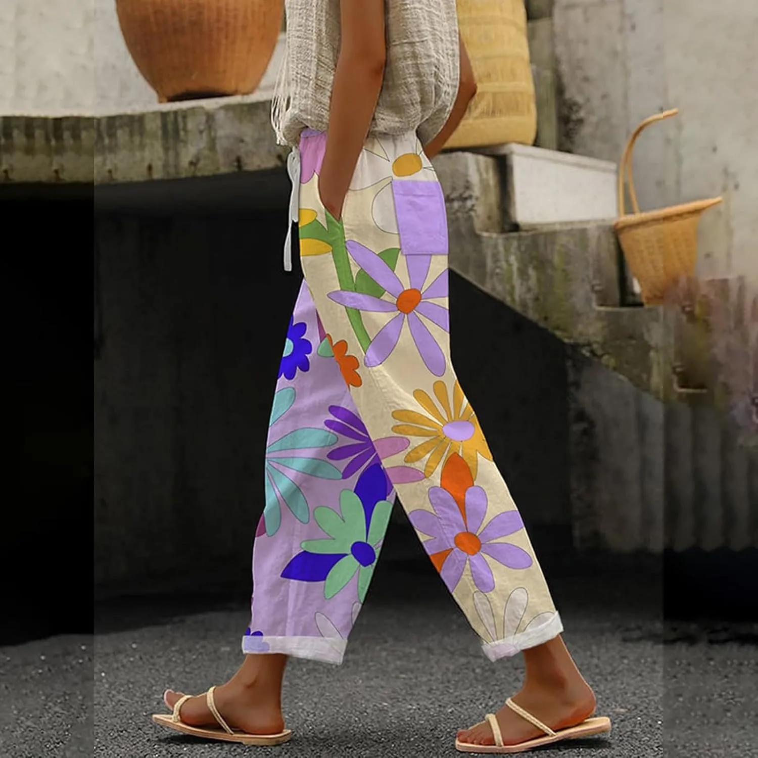 Women's Linen Pants 2025 Summer Elastic High Waist Split Hem Work Pants Casual Loose Lightweight Beach Trousers with Pockets