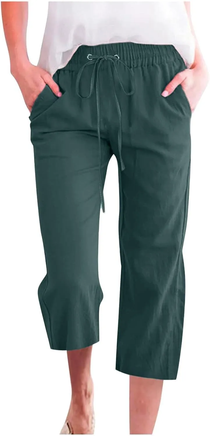 Womens Linen Pants Summer Plus Size Beach Volleyball Pants Cropped Elastic Waist Wide Leg Lounge Pants with Pockets