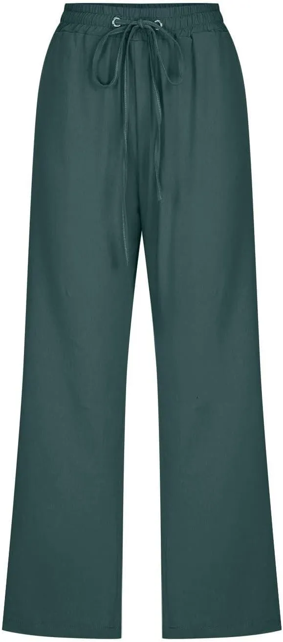 Womens Linen Pants Summer Plus Size Beach Volleyball Pants Cropped Elastic Waist Wide Leg Lounge Pants with Pockets