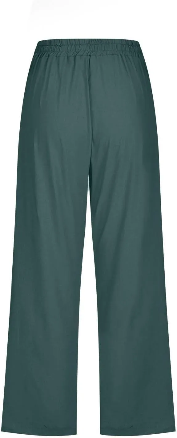 Womens Linen Pants Summer Plus Size Beach Volleyball Pants Cropped Elastic Waist Wide Leg Lounge Pants with Pockets