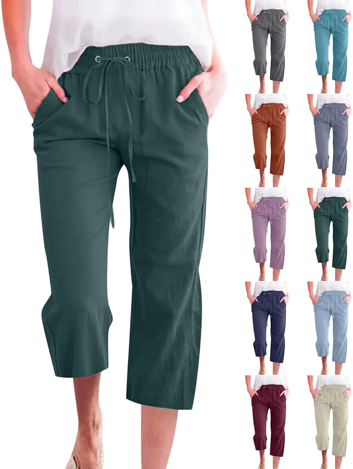 Womens Linen Pants Summer Plus Size Beach Volleyball Pants Cropped Elastic Waist Wide Leg Lounge Pants with Pockets
