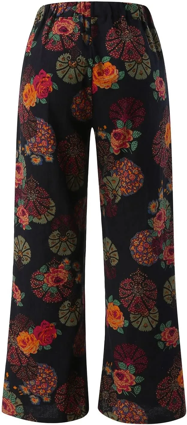 Womens Linen Pants Wide Leg Pockets Elastic Belt Waist Pants Long Trousers Crop Linen Pants for Women