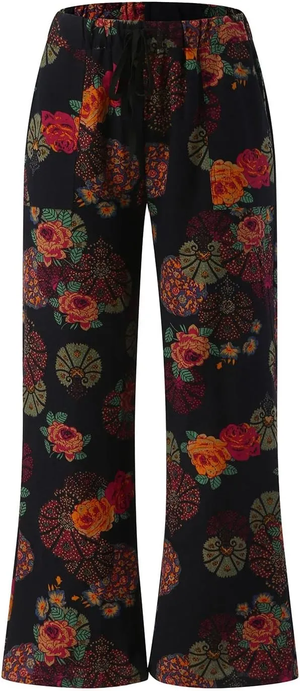 Womens Linen Pants Wide Leg Pockets Elastic Belt Waist Pants Long Trousers Crop Linen Pants for Women