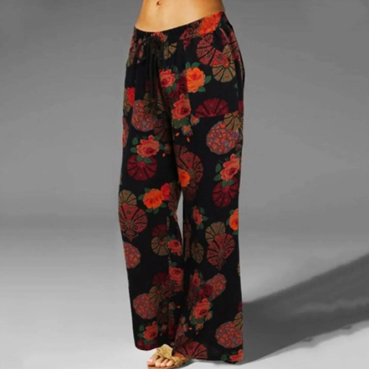 Womens Linen Pants Wide Leg Pockets Elastic Belt Waist Pants Long Trousers Crop Linen Pants for Women