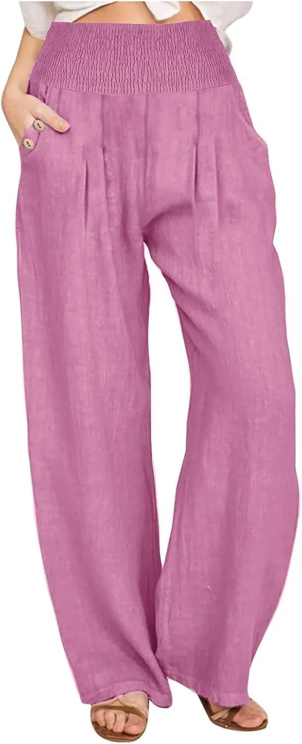 Women's Linen Summer Pants Loose Wide Leg Pants Elastic High Waist Pants Fashion Solid Color Trousers with Pockets