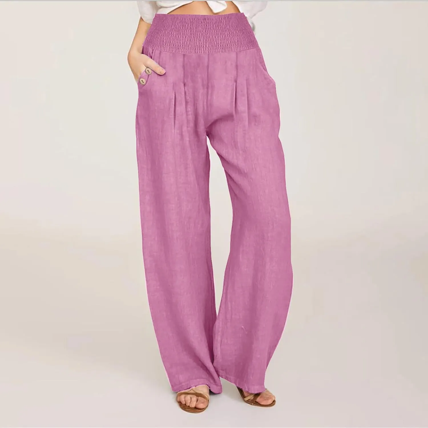 Women's Linen Summer Pants Loose Wide Leg Pants Elastic High Waist Pants Fashion Solid Color Trousers with Pockets