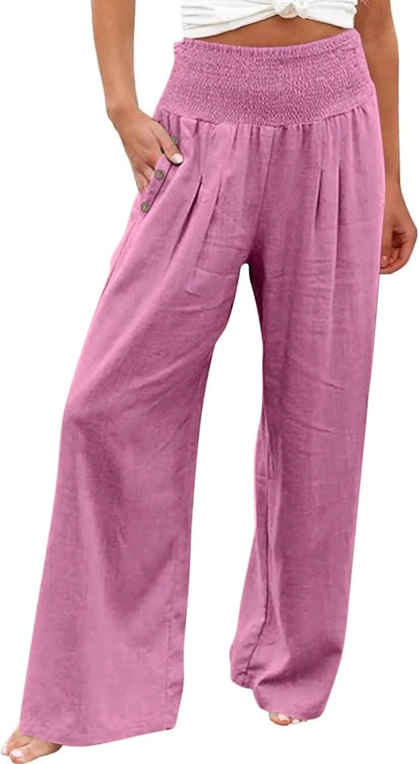 Women's Linen Summer Pants Loose Wide Leg Pants Elastic High Waist Pants Fashion Solid Color Trousers with Pockets