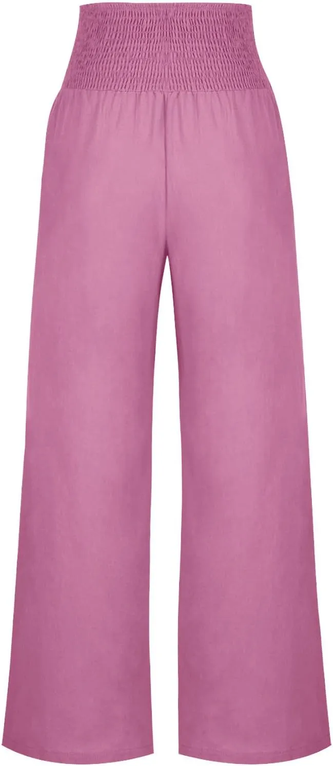 Women's Linen Summer Pants Loose Wide Leg Pants Elastic High Waist Pants Fashion Solid Color Trousers with Pockets