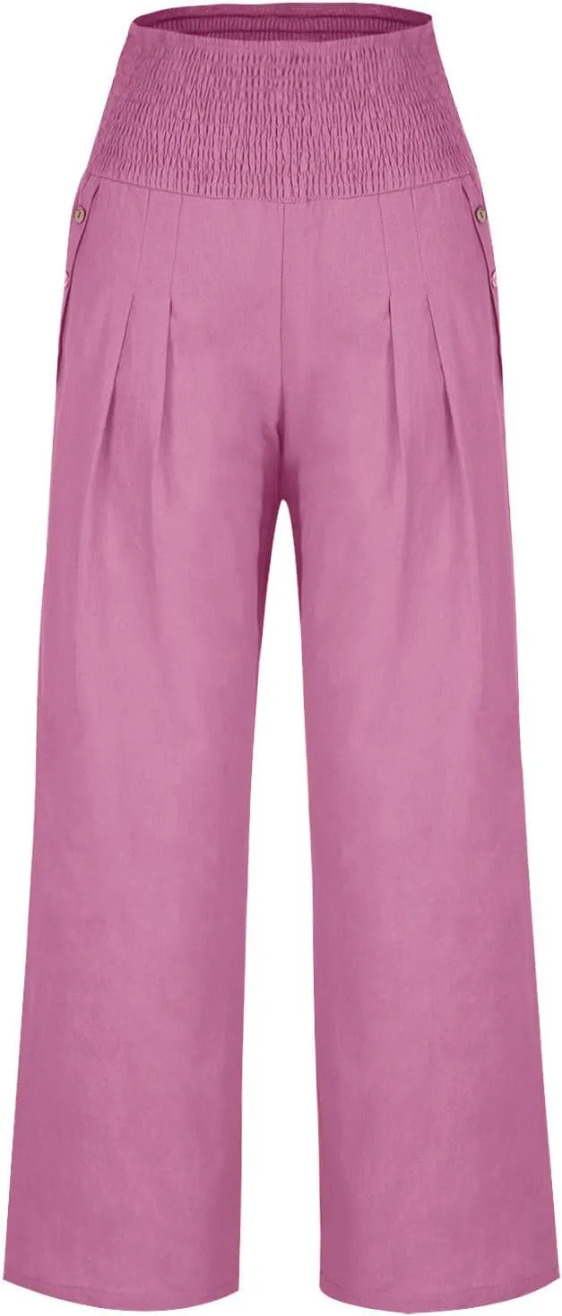 Women's Linen Summer Pants Loose Wide Leg Pants Elastic High Waist Pants Fashion Solid Color Trousers with Pockets