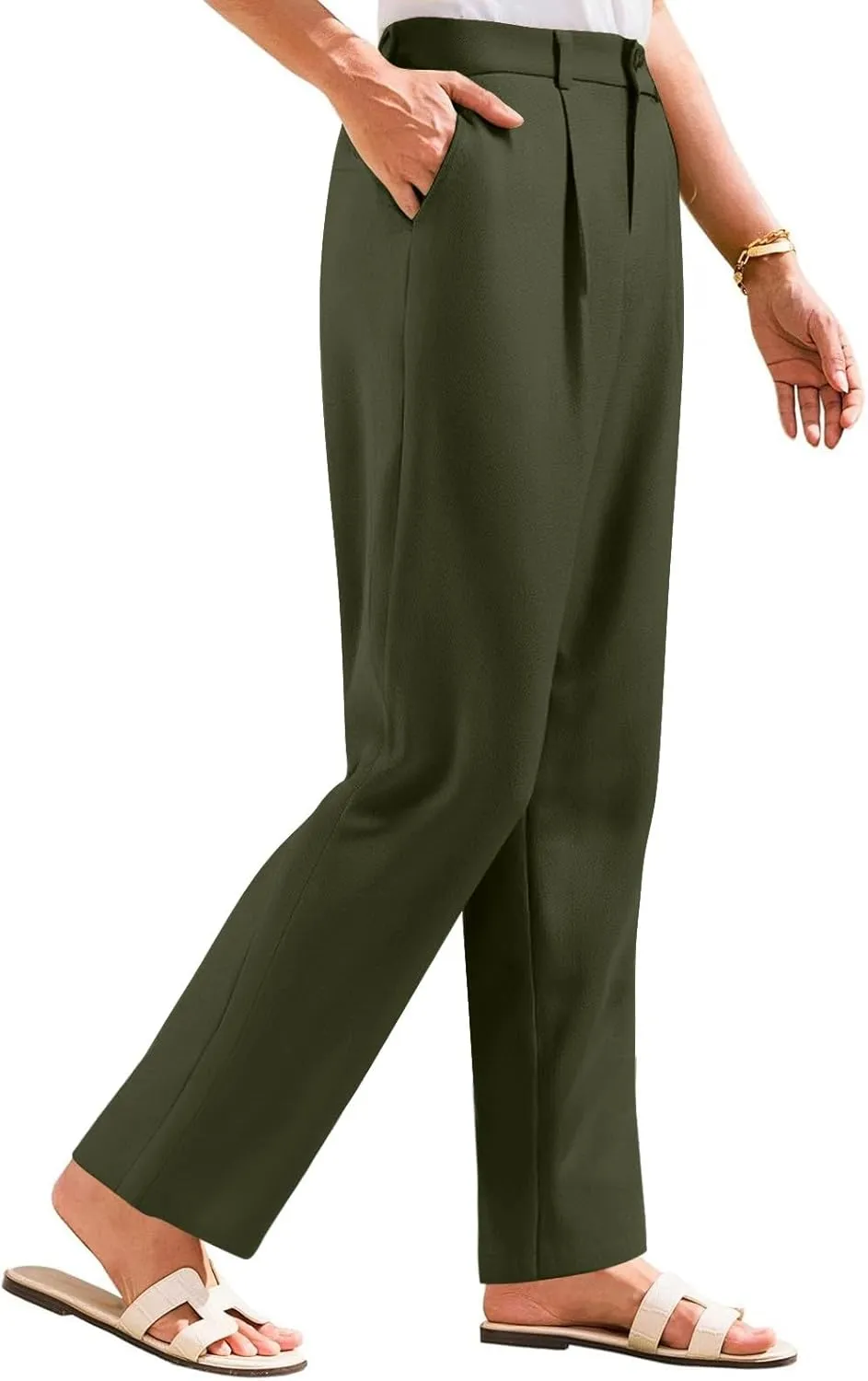 Women's Linen Wide Leg Work Pants with Casual Loose Fit Dressy Fashion Details