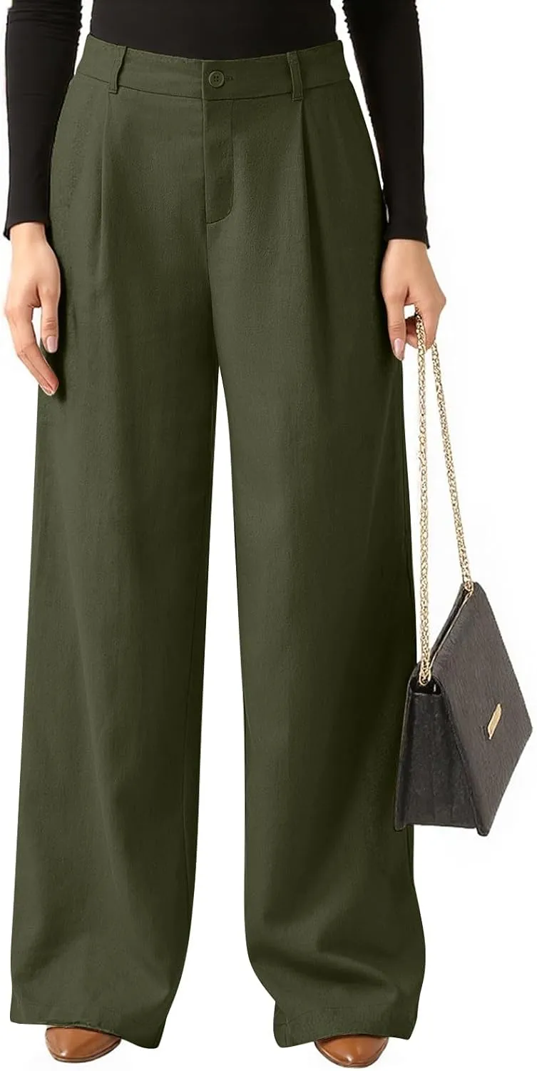 Women's Linen Wide Leg Work Pants with Casual Loose Fit Dressy Fashion Details