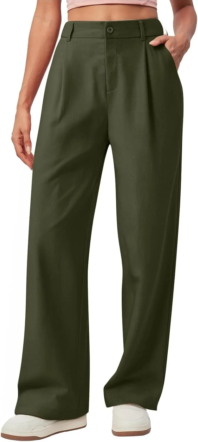 Women's Linen Wide Leg Work Pants with Casual Loose Fit Dressy Fashion Details
