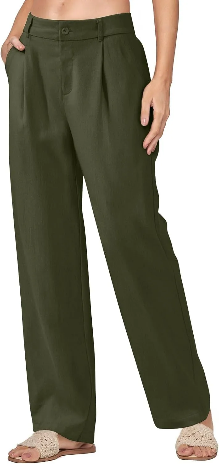 Women's Linen Wide Leg Work Pants with Casual Loose Fit Dressy Fashion Details