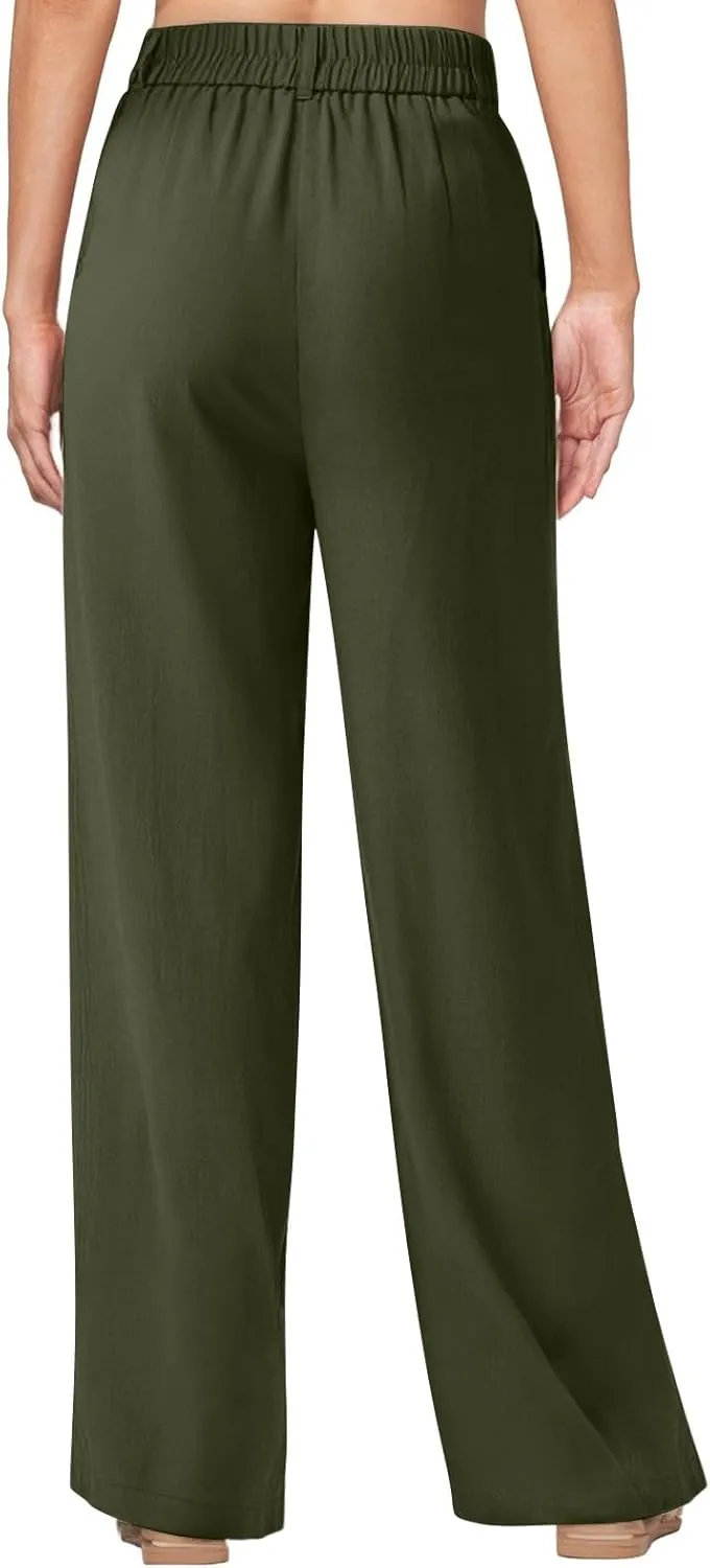 Women's Linen Wide Leg Work Pants with Casual Loose Fit Dressy Fashion Details
