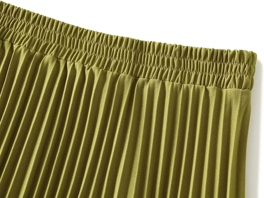 Women's Long Skirt High Waist Elastic Casual Pleated Skirt Wedding Prom Party A-Line Swing Midi Skirt