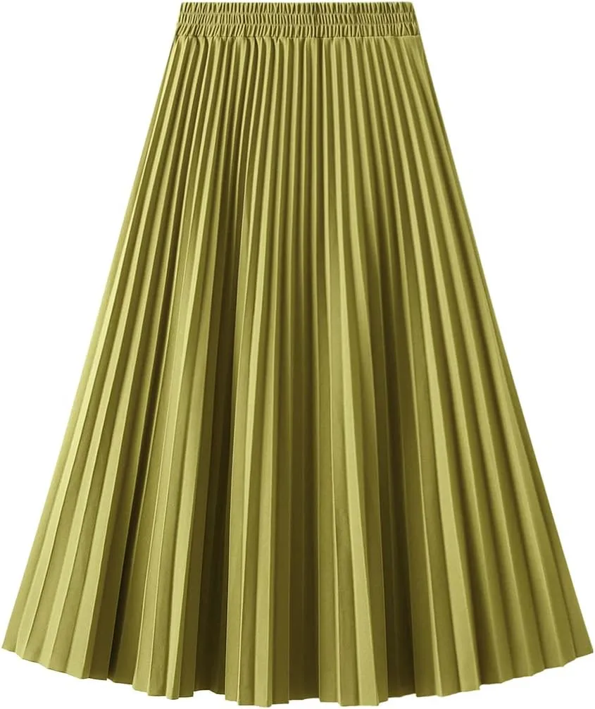 Women's Long Skirt High Waist Elastic Casual Pleated Skirt Wedding Prom Party A-Line Swing Midi Skirt